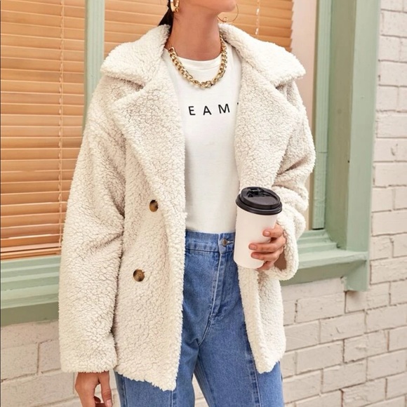 Solid lapel neck double breasted teddy coat - Picture 2 of 5